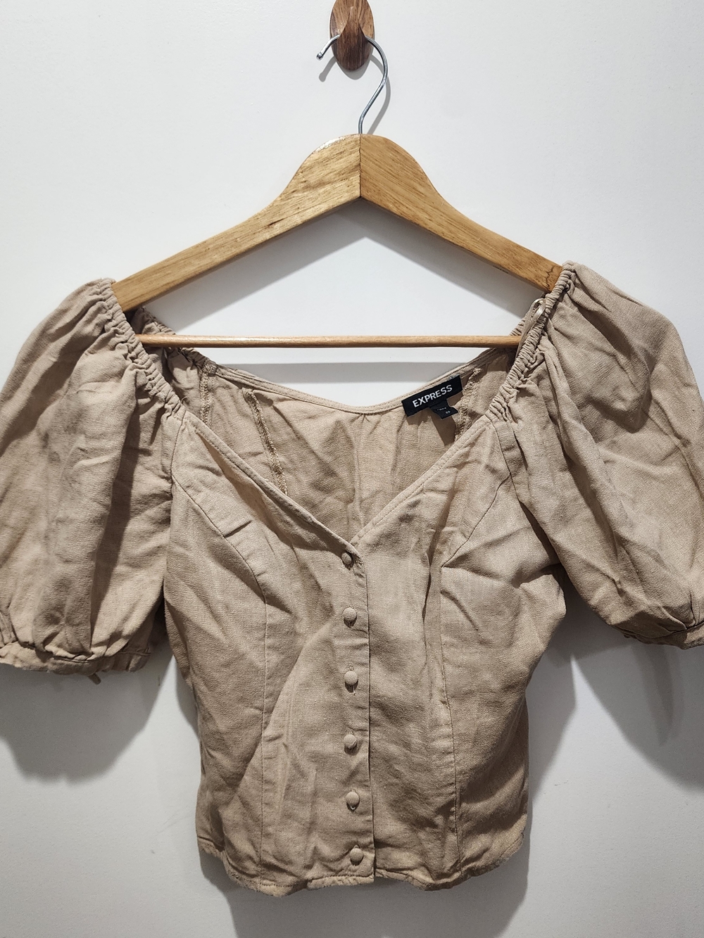 Express Beige Puff Sleeve Button-Down Peasant Top